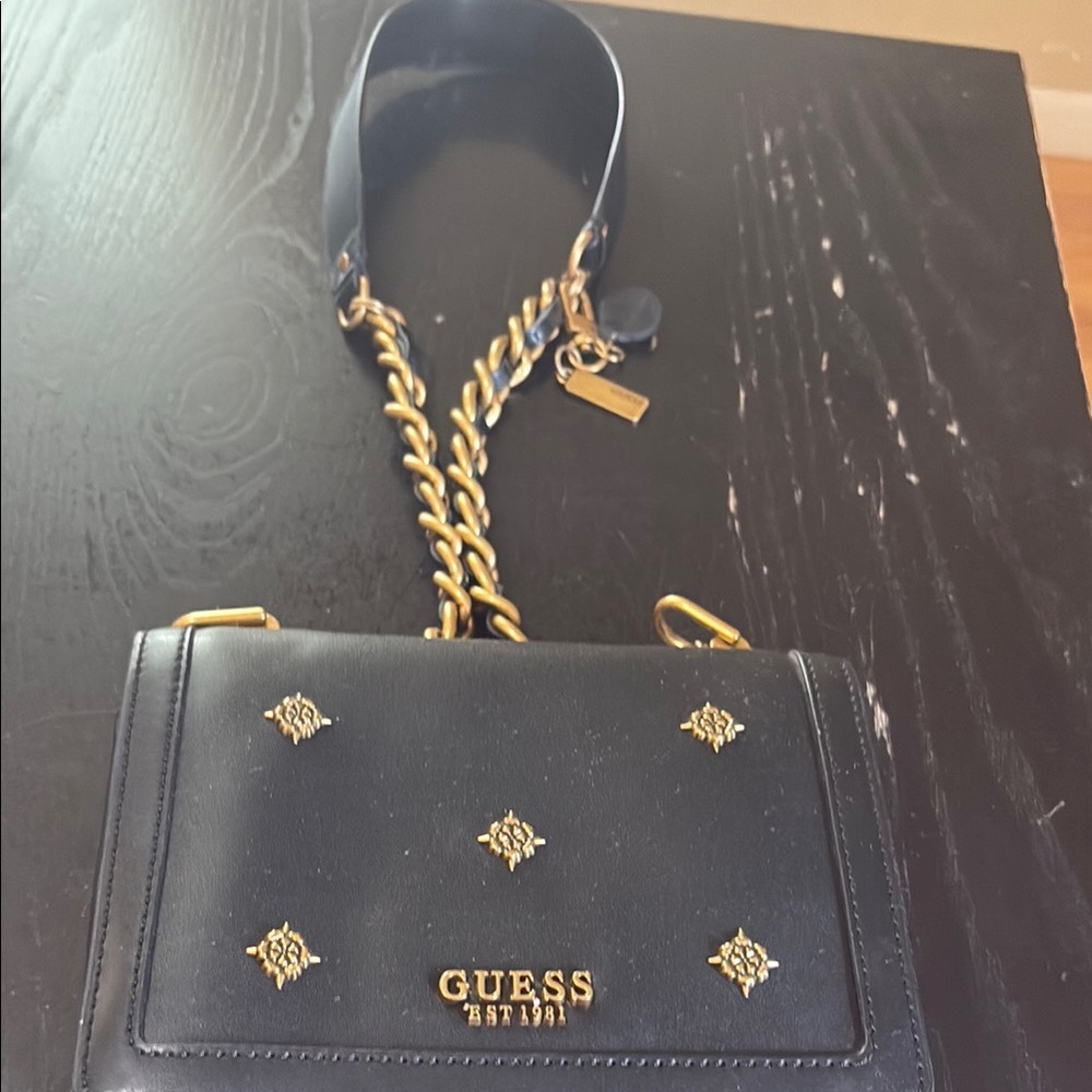 Guess Black and Gold Crossbody Bag with Quilted Design